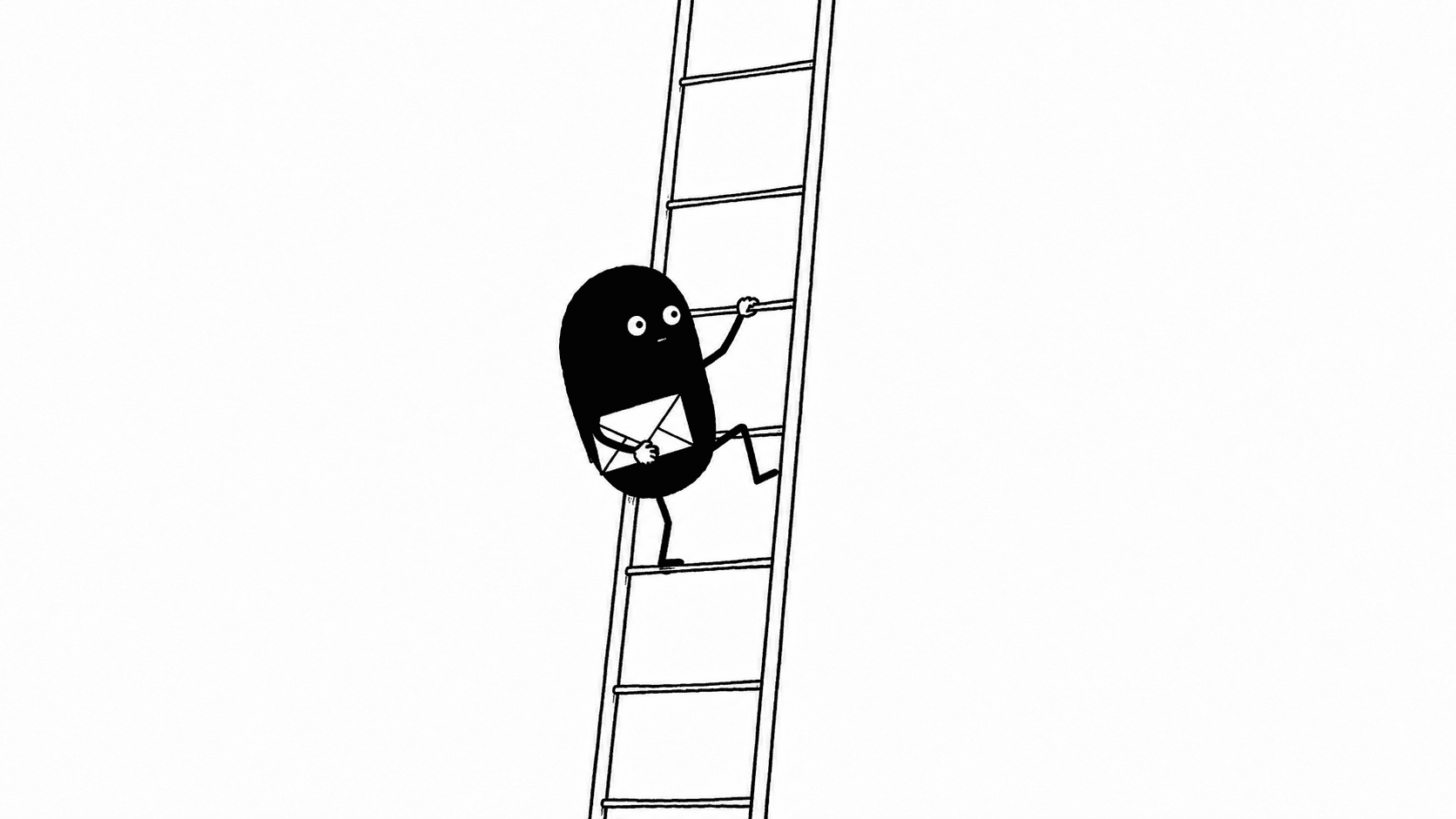 Lev, a small deadpan hand-drawn creature, climbing a tall ladder with an envelope under one arm