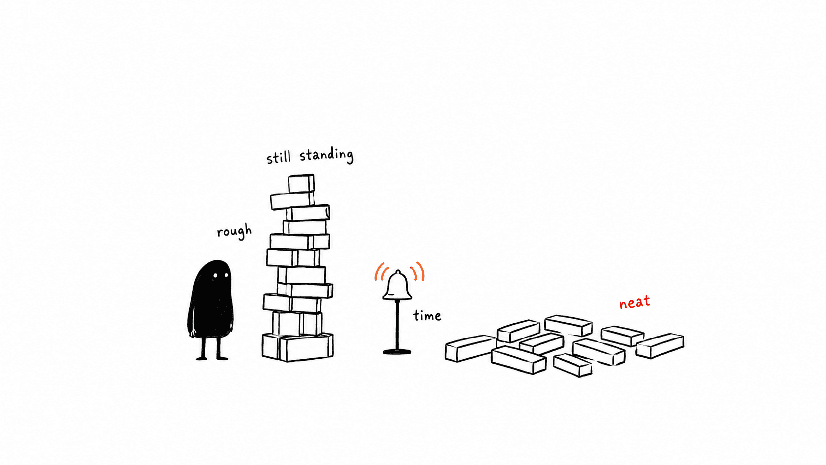 Two unfinished towers when the bell marked time rings: a rough one still standing beside Lev, and a neatly built one collapsed into tidy blocks on the floor.
