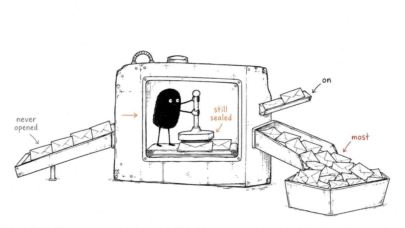 A cut-away machine with Lev inside stamping sealed envelopes without opening them, feeding a small acceptance chute and a much larger rejection chute.