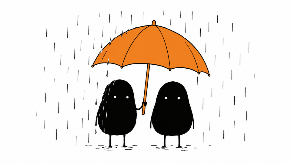 Lev holds a large orange umbrella over another Lev in the rain, half out from under it himself.