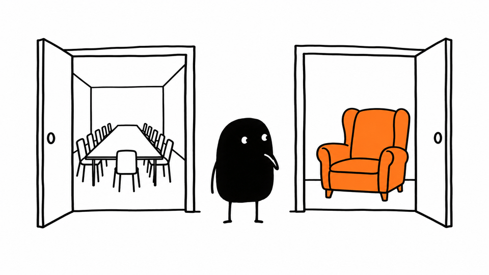 Lev stands between two doorways: one shows a long table of tiny chairs, the other a single orange armchair.