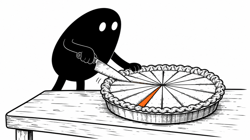 Lev cuts a round pie into ever thinner slices, one of them orange.