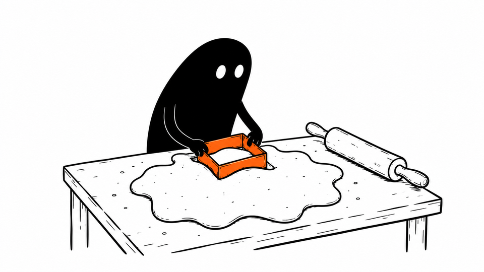 Lev presses an orange square cookie cutter onto an irregular blob of dough that it does not fit.