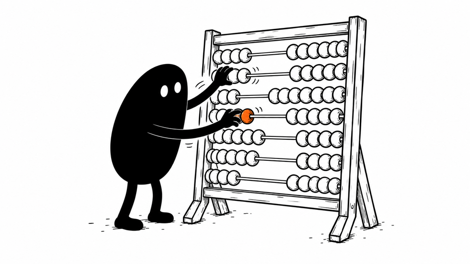 Lev slides beads quickly along a large abacus, one of them orange.