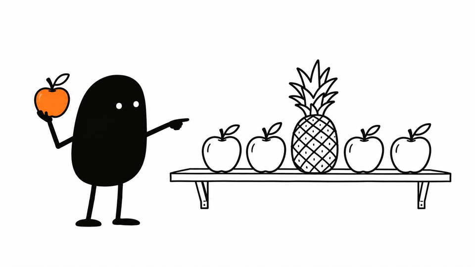 Lev holds an orange apple beside a row of apples and points at the one pineapple among them.