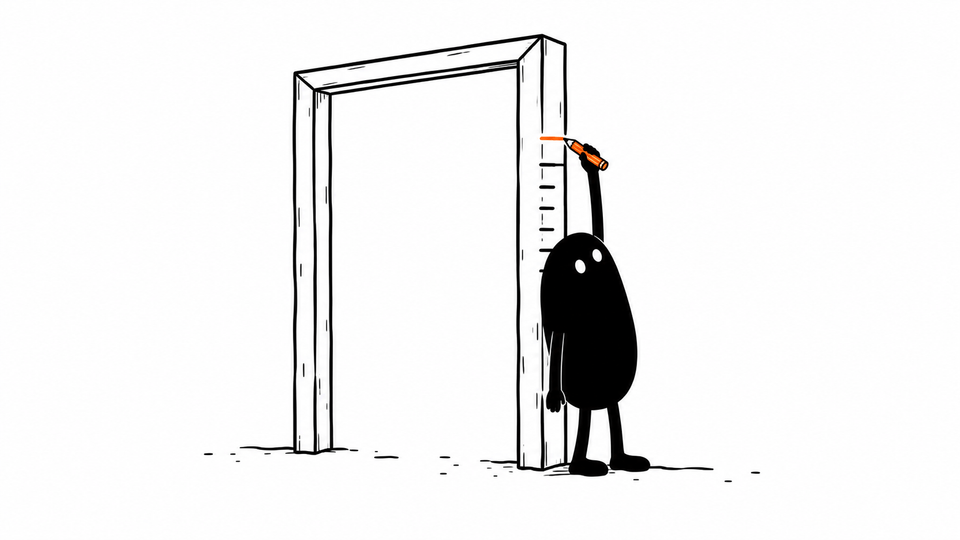Lev stands against a door frame marked with pencil heights and draws the highest mark in orange.