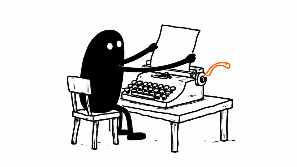 Lev feeds a blank sheet into an old typewriter with an orange carriage lever.