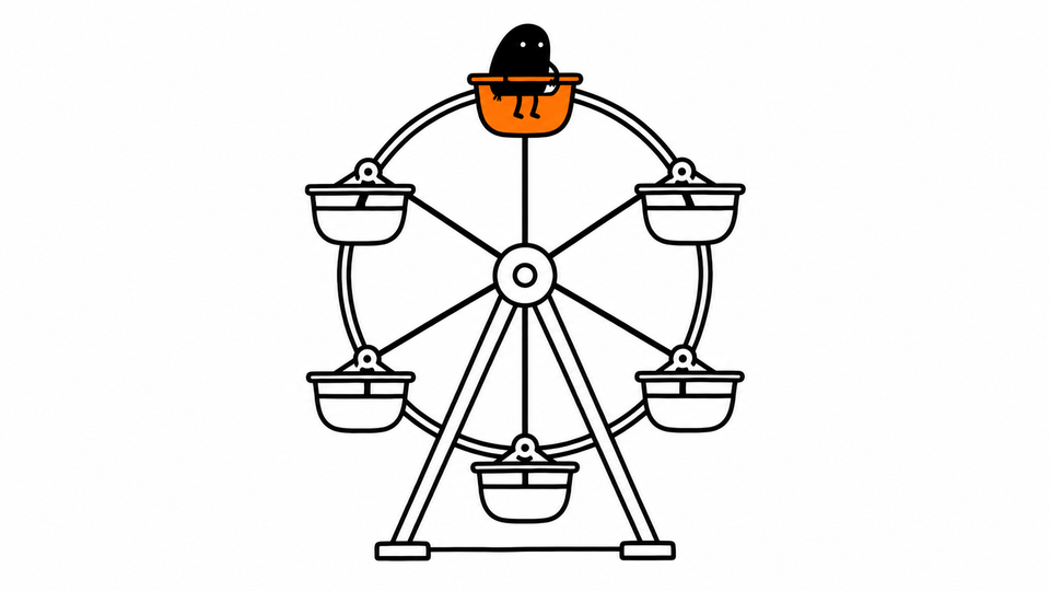 Lev sits alone in the orange car at the top of a Ferris wheel.