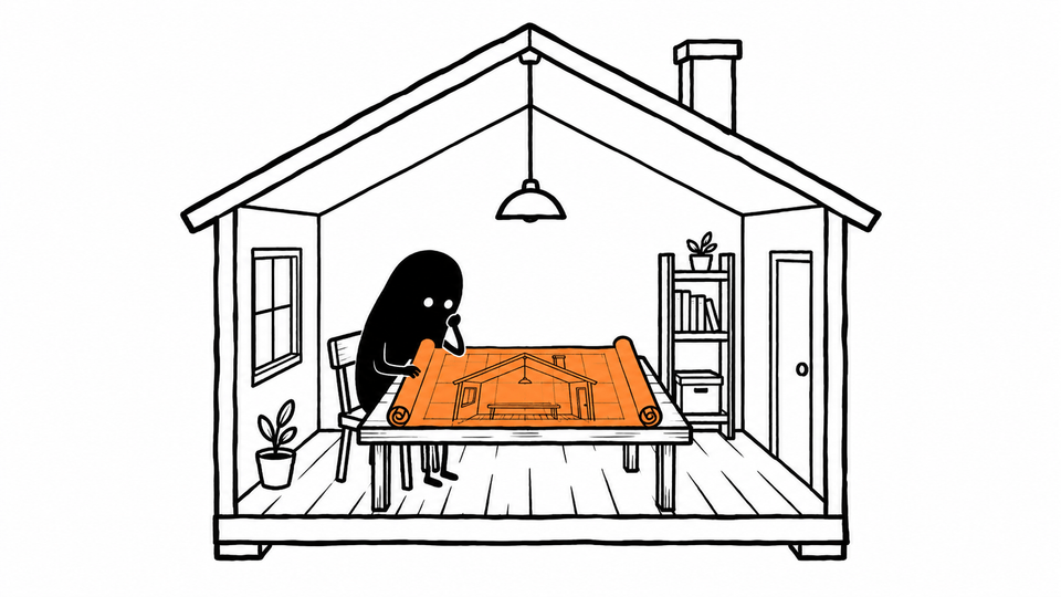 Lev sits inside a small house, studying an orange blueprint of the same house.