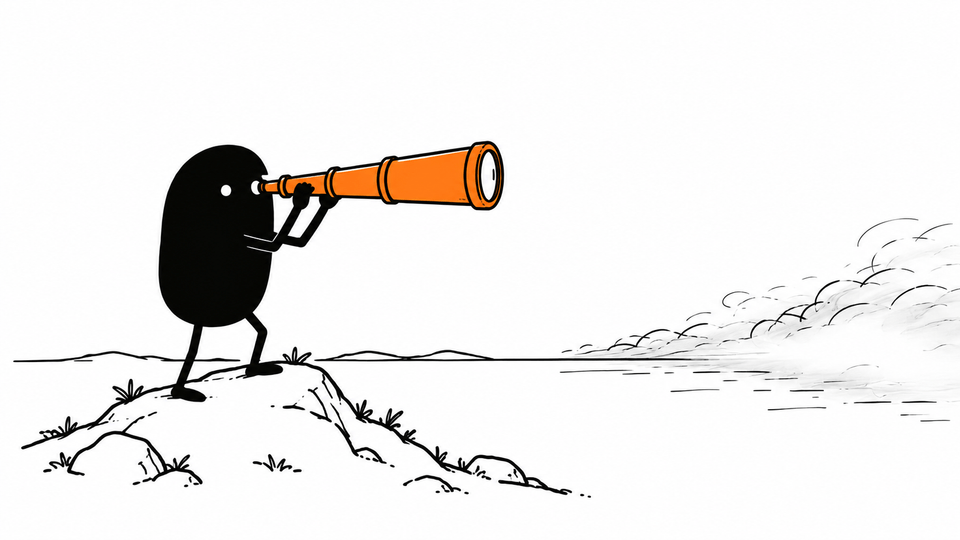 Lev looks through an orange telescope at a horizon that disappears into fog at the far end.