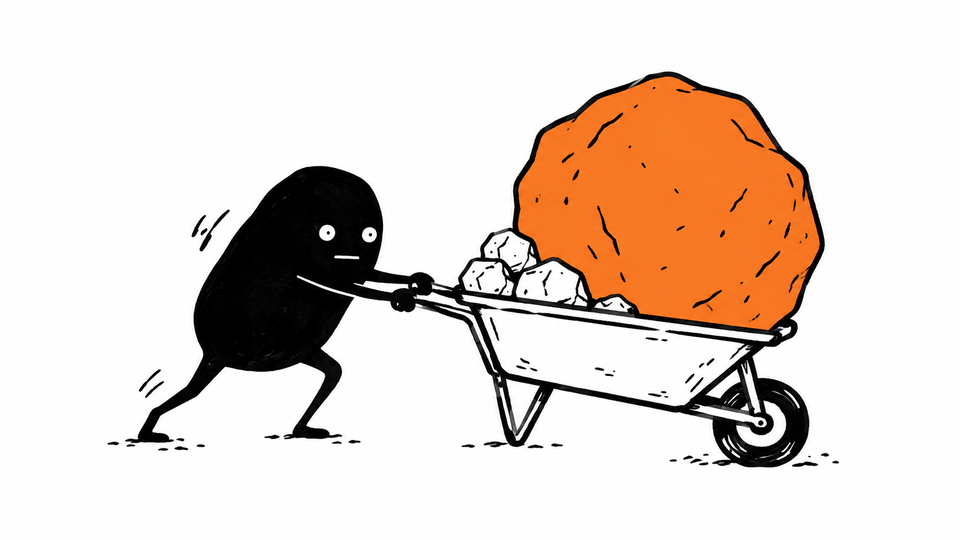 Lev strains to push a wheelbarrow whose load is mostly one enormous orange boulder at the back.