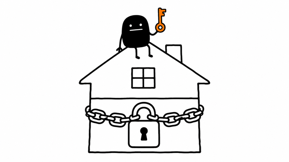 Lev sits on the roof of a house whose lower half is chained and padlocked, holding an orange key.