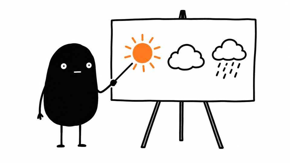 Lev points at an easel board of weather symbols like a forecaster, the sun drawn in orange.