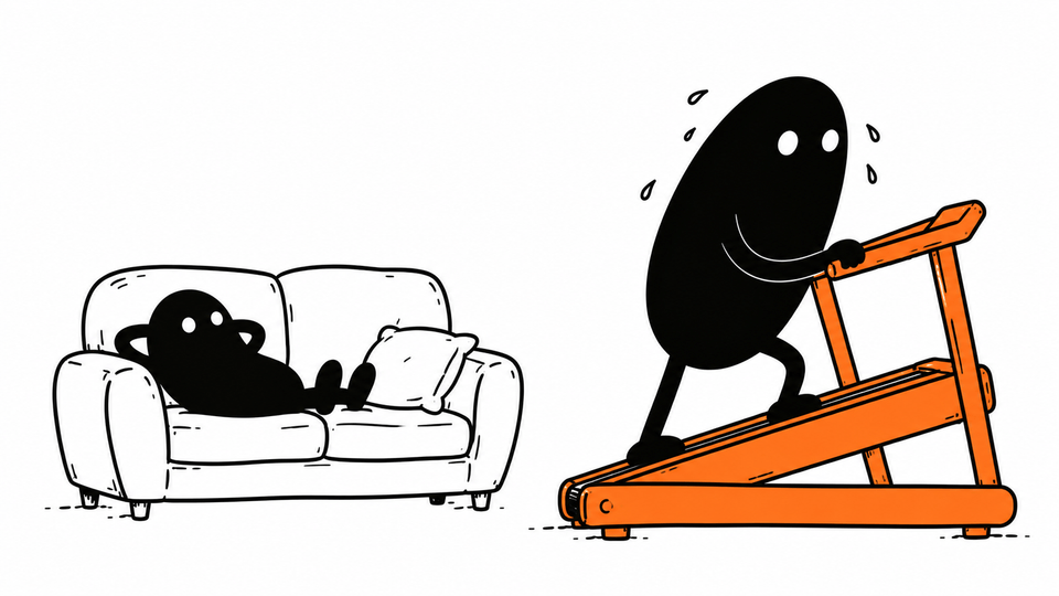 One Lev lounges on a sofa while another, sturdier, trudges up a steep orange treadmill.