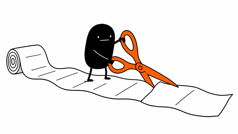 Lev stands on a very long sheet of paper with enormous orange scissors, about to cut it to one page.