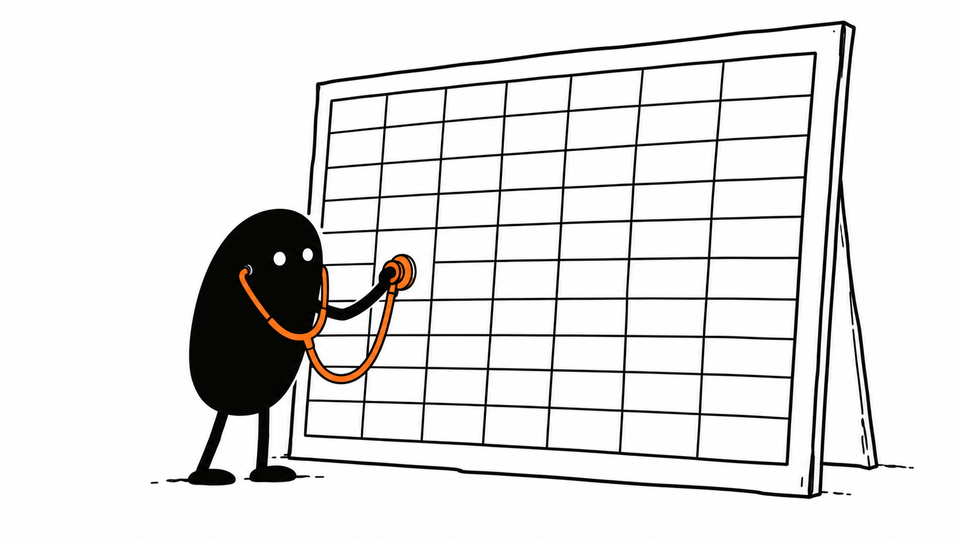 Lev listens to one cell of a giant upright spreadsheet grid through an orange stethoscope.