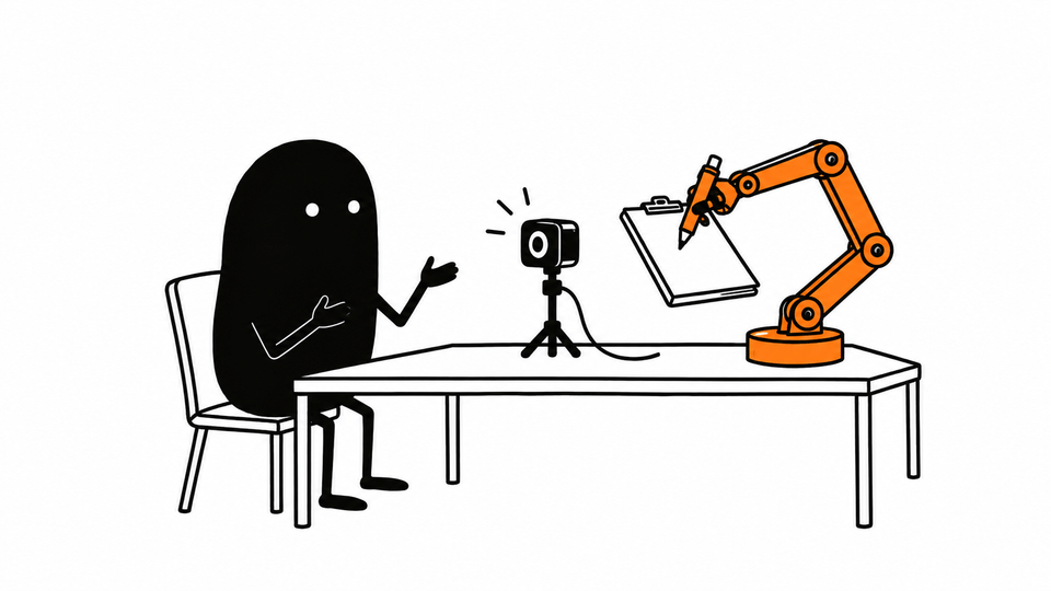Lev talks to a webcam while an orange mechanical arm behind it holds a clipboard, ready to mark.