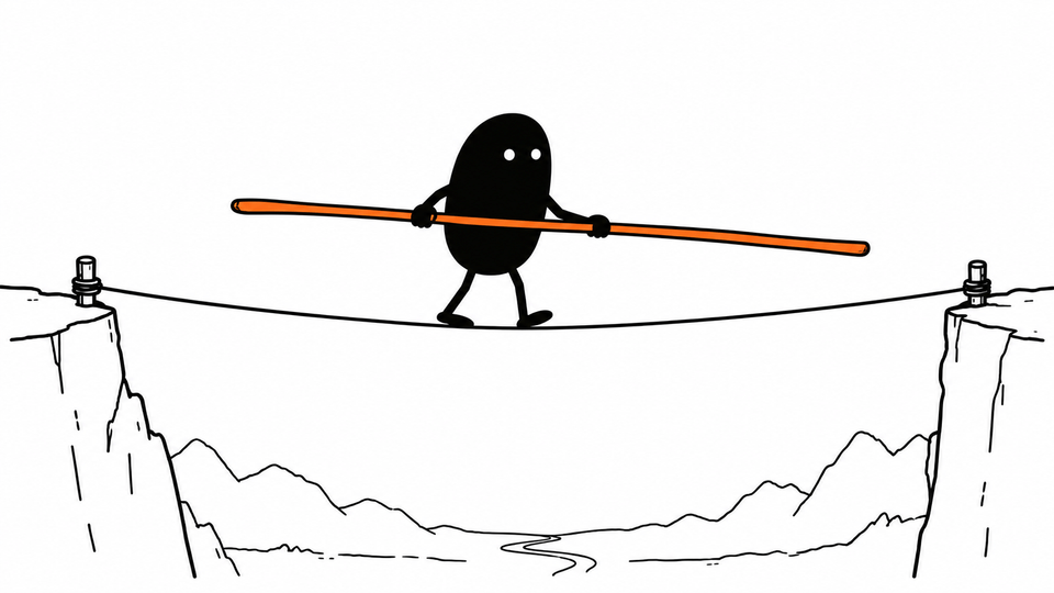 Lev walks a high wire holding a long orange balancing pole.