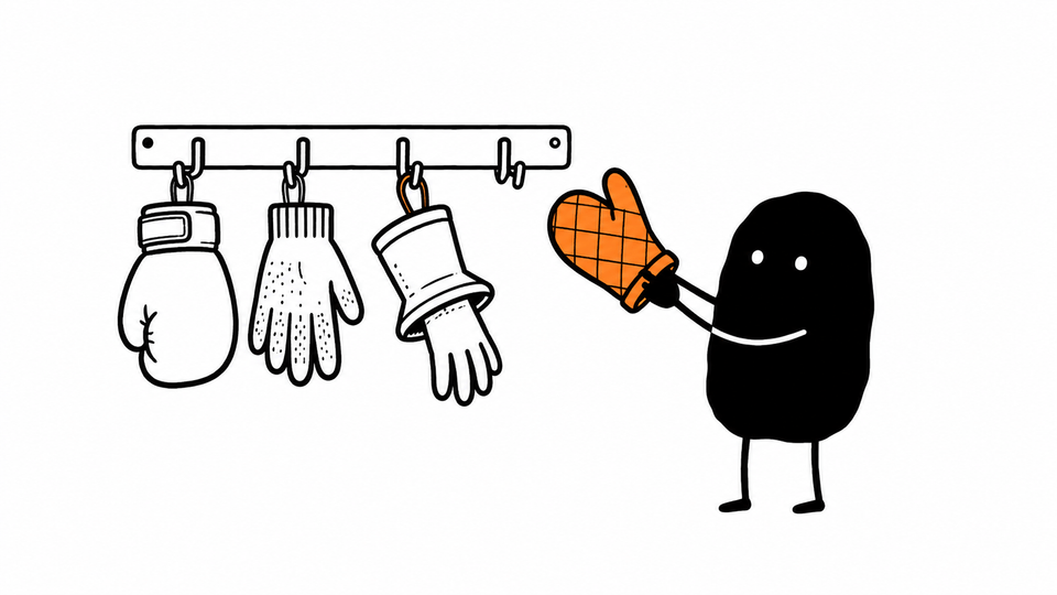 Lev pulls an orange oven glove from a rack of very different gloves.