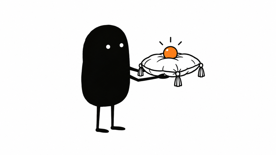Lev presents a single small orange object on a cushion held out in both arms.