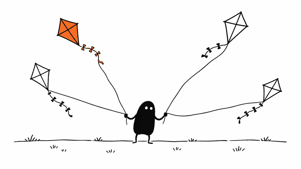 Lev holds four kite strings at once, the kites flying in different directions, one of them orange.