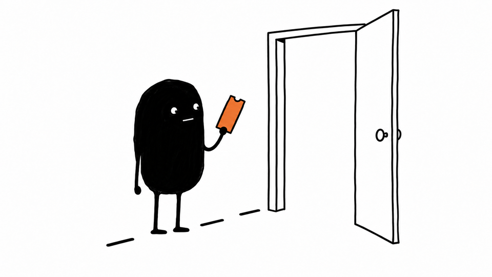Lev stands at an open doorway holding an orange ticket, deciding whether to walk through.