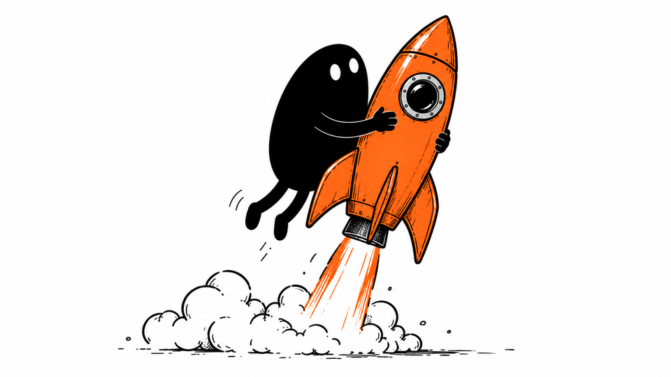 Lev clings to a small orange rocket as it lifts off, feet just off the ground.