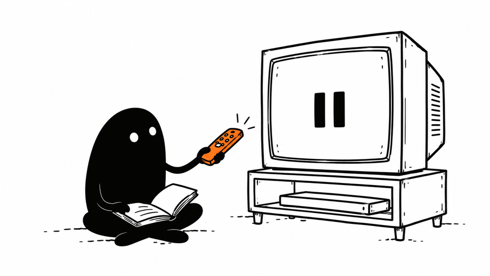 Lev sits in front of a paused old television with an orange remote, writing in a notebook.