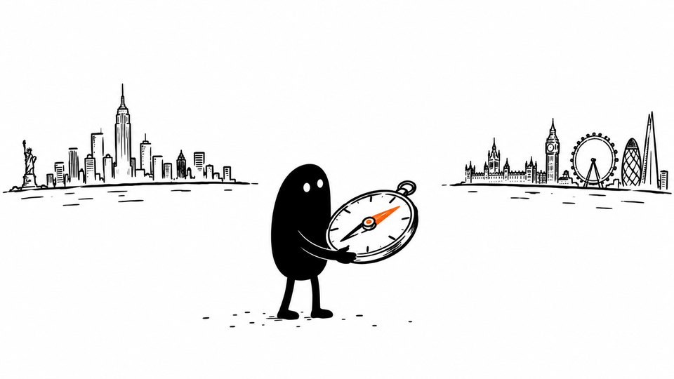 Lev holds a compass whose orange needle points away from two distant towers.