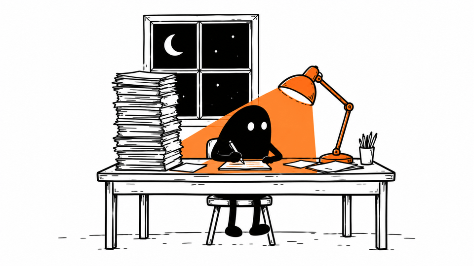 Lev works late at a desk under a lamp with an orange pool of light, a crescent moon in the window.