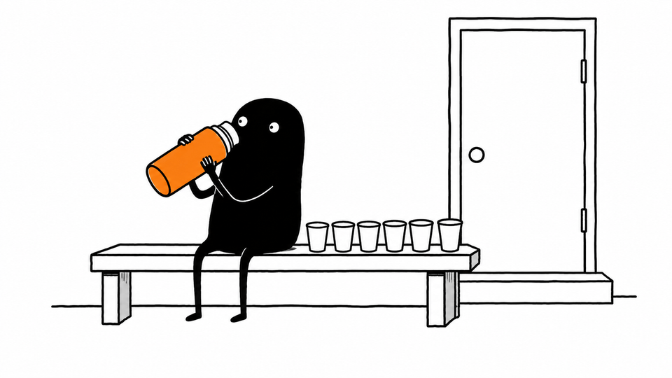 Lev waits on a bench outside a closed door, drinking from an orange thermos beside six empty cups.