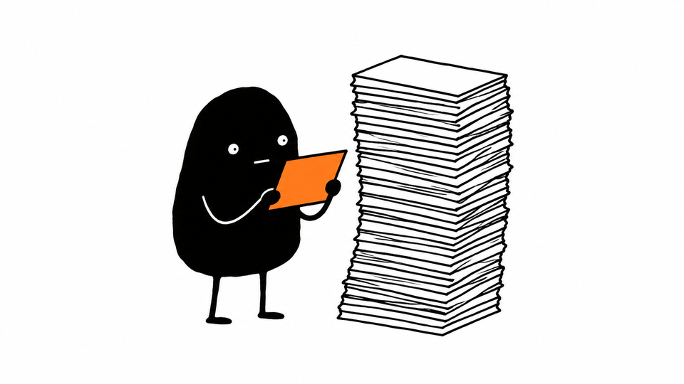 Lev reads the top card, in orange, from a stack of index cards taller than he is.