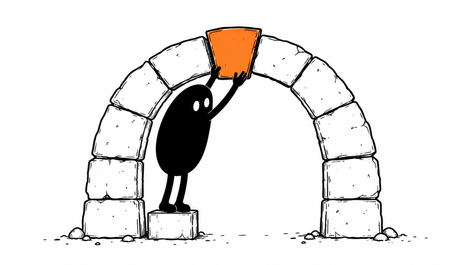 Lev places the orange keystone at the top of a stone arch.