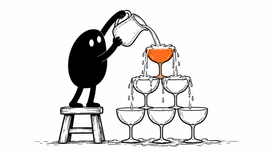 Lev pours into a tower of glasses: the orange glass at the top fills first and the bottom row is still empty.