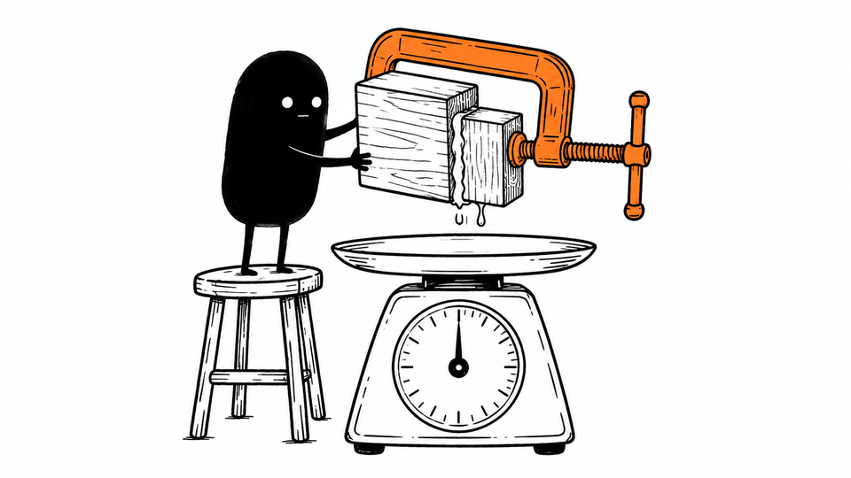 Lev lowers two different-sized blocks, clamped together with an orange clamp, onto a kitchen scale.