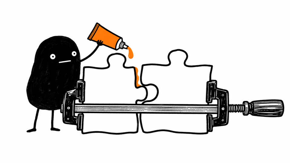 Lev forces two mismatched jigsaw pieces together with a clamp and an orange tube of glue.