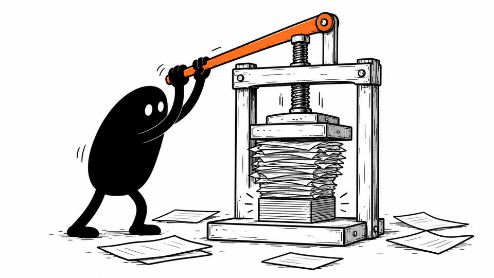 Lev pulls the handle of an orange hand press that squeezes a tall pile of paper into a small neat block.