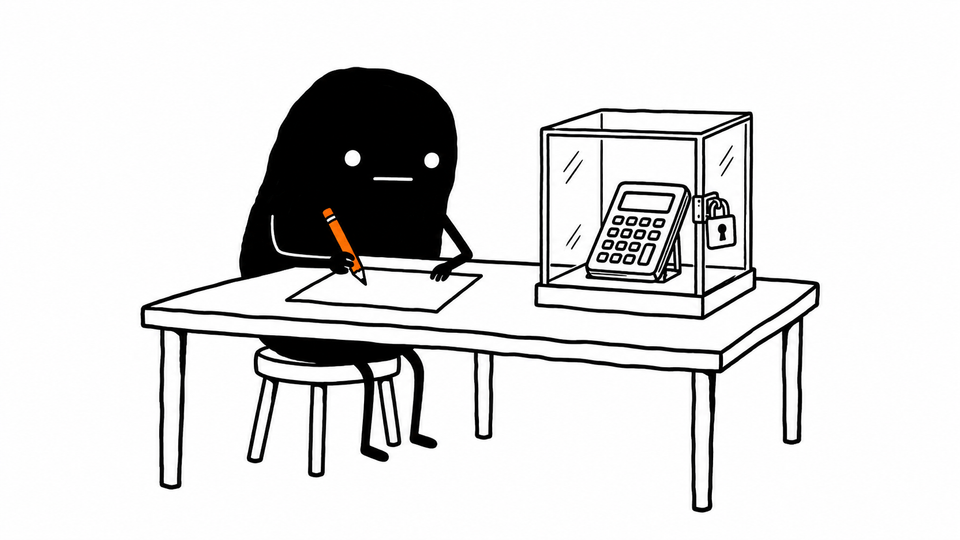 Lev works with an orange pencil on one sheet of paper beside a calculator locked in a glass case.