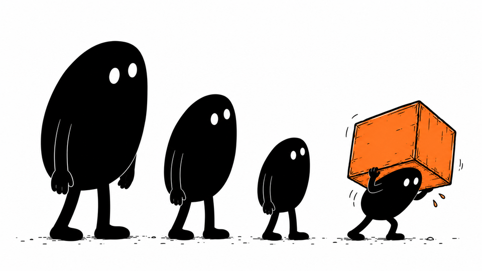 Four Levs stand in a row by size, and the smallest carries a heavy orange box.