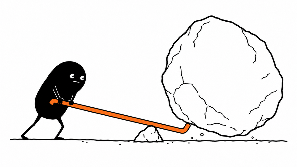 Lev uses a long orange crowbar over a small fulcrum to lift a boulder far bigger than himself.