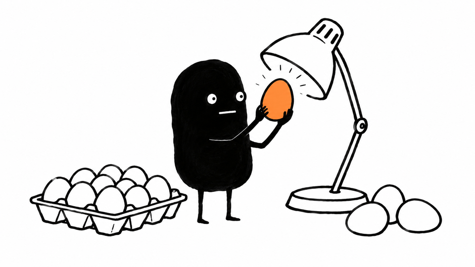 Lev holds an orange egg up to a lamp to check it, beside a tray of eggs.