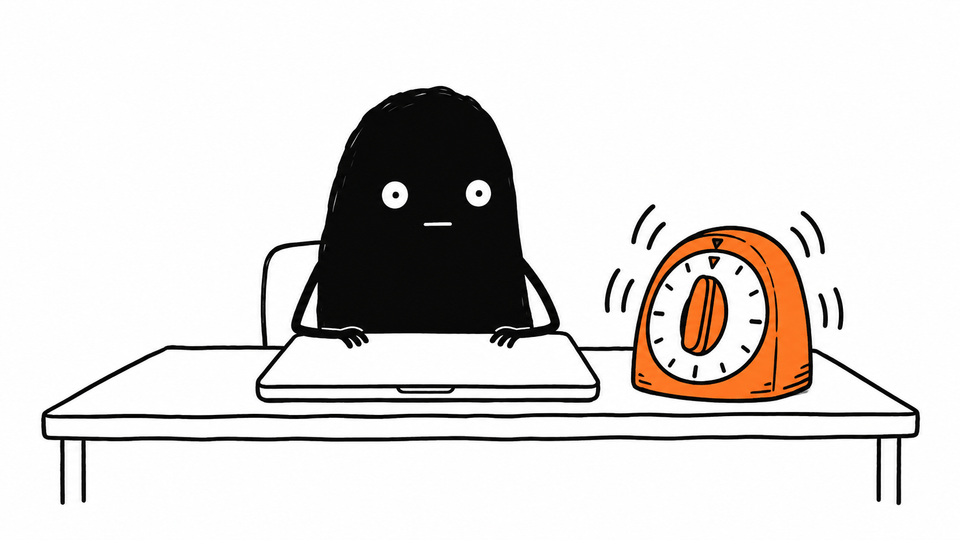 Lev sits at a closed laptop while a large orange kitchen timer rings on the desk beside him.
