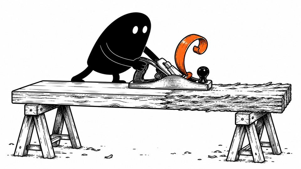 Lev planes a rough plank smooth, an orange curl of shaving rising from the blade.