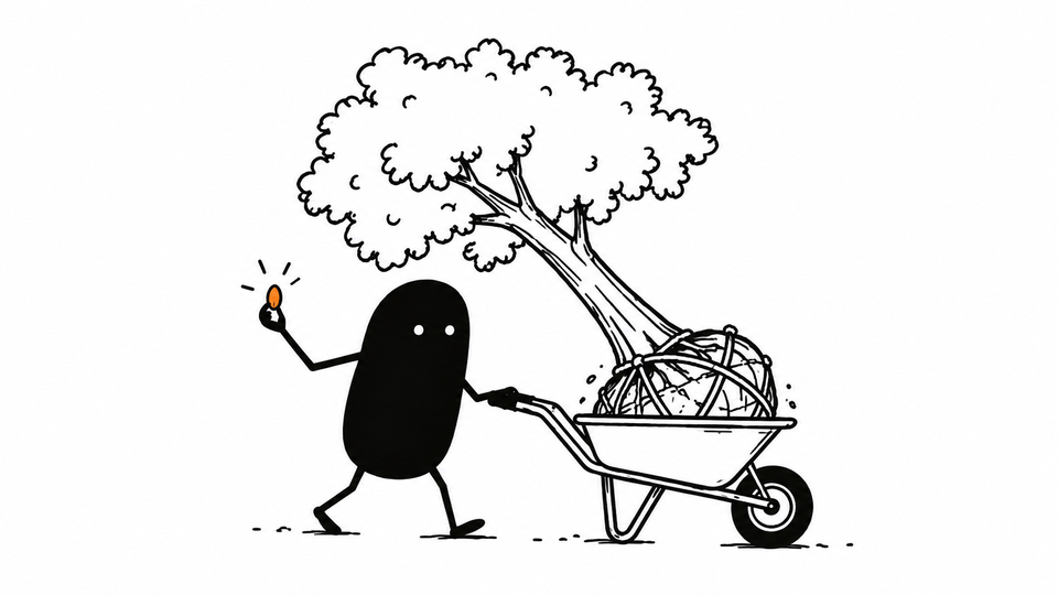 Lev wheels a full-grown tree in a barrow while holding out a single orange seed in his other hand.