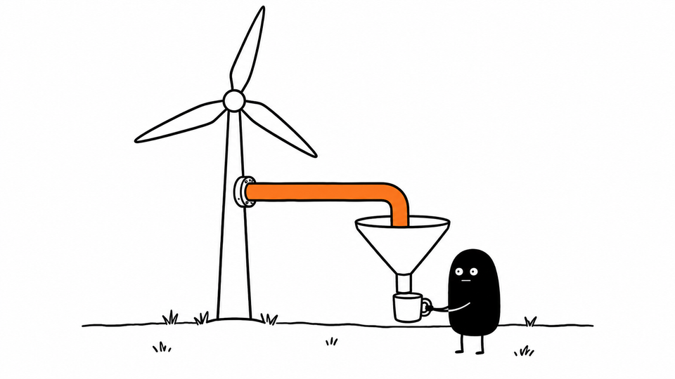Lev holds a cup under a funnel fed by one orange pipe from a lone wind turbine.