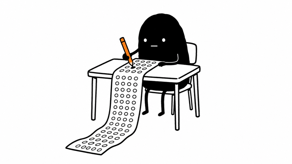 Lev fills in circles on an answer sheet so long it runs off the desk, holding an orange pencil.