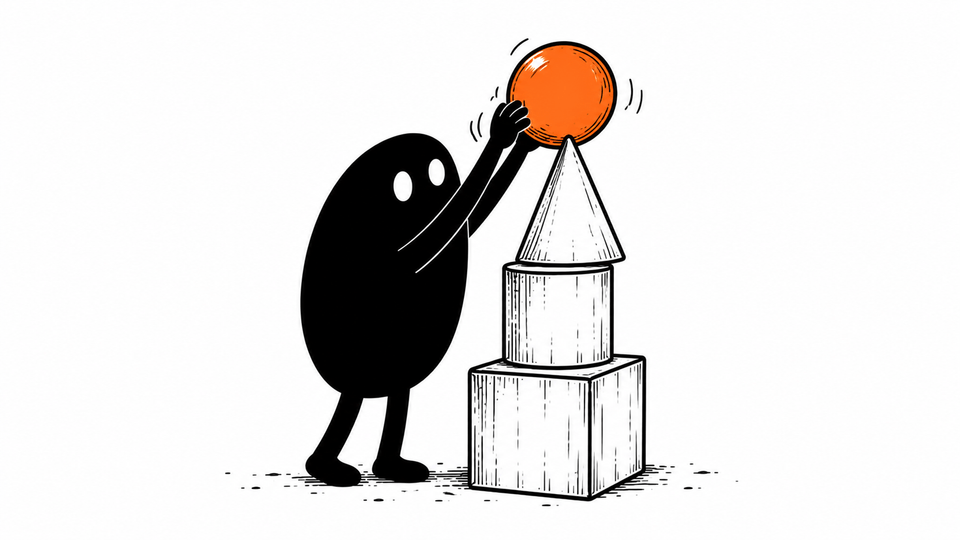 Lev balances a stack of geometric solids with an orange sphere at the top.