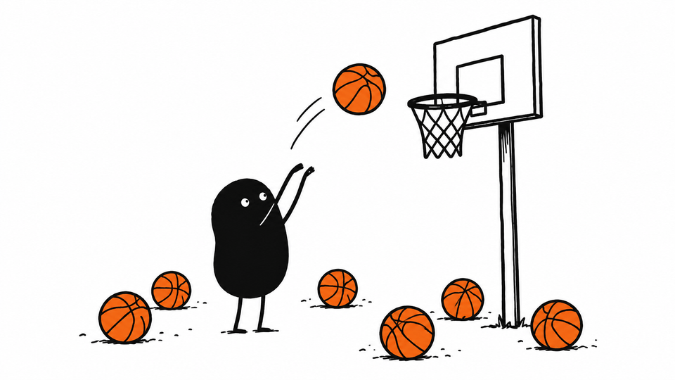 Lev shoots an orange ball at a basketball hoop, missed balls on the ground around him.