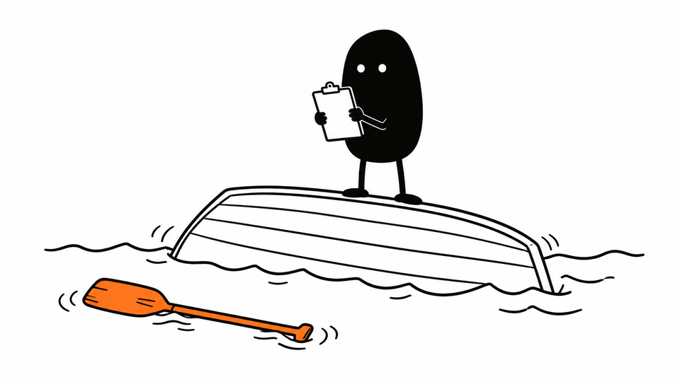 Lev stands on the keel of a capsized boat holding a clipboard, an orange oar floating nearby.
