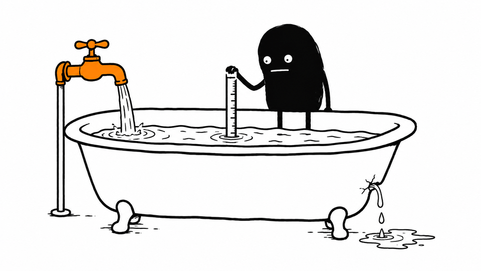 Lev measures the level in a bathtub filled by an orange tap while a small leak drips out the other end.